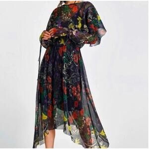 NWT Zara size medium Floral Sheer Ruffles Vintage Midi Dress.